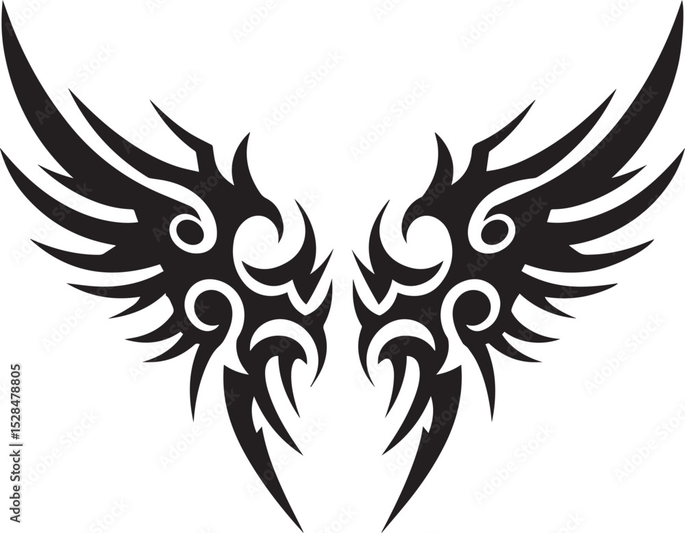 Naklejka premium Symmetrical Tribal Wings Tattoo Design - Black Vector Graphic