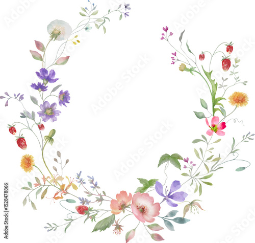 Watercolor floral wreath with cute wildflowers, rose hip, wild strawberries . Hand-drawn floral illustration. Vector EPS.