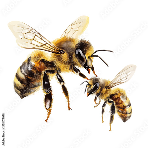 A Mother Bee With Her Kid, watercolor illustration vector, high quality, isolated on a white background.
