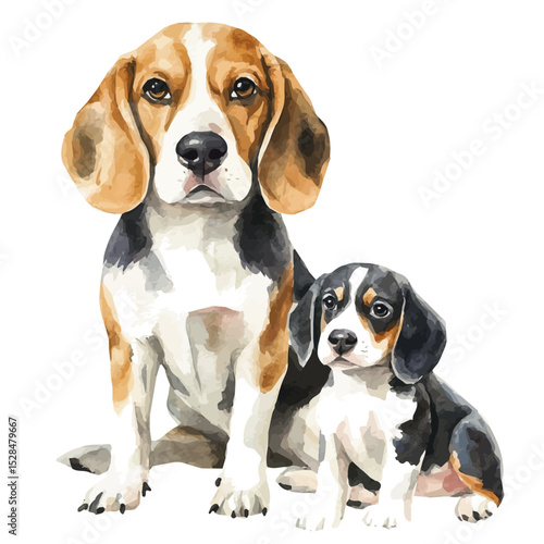A Mother Beagle With Her Kid, watercolor painting vector, high quality, isolated on a white background.