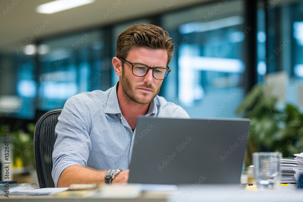 Man working on laptop in office Man working on laptop in office