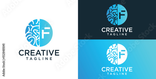 Brain Logo, combination of brain and initial letter F, flat design logo template, vector illustration