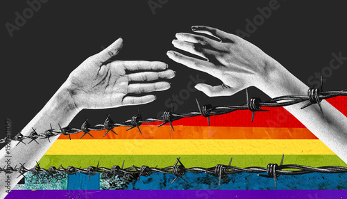Bild auf Leinwand Symbolic collage of hands reaching through barbed wire on a rainbow pride flag background