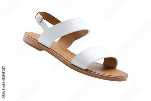 A white sandal with a strap and a buckle