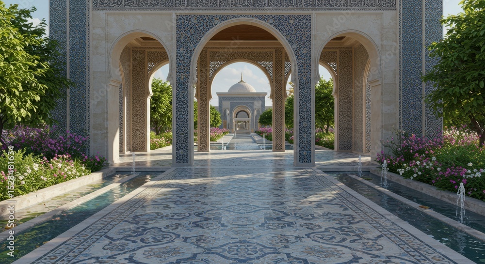 Obraz premium Serene Pathway to a Mosque: Architectural Marvel in a Tranquil Garden