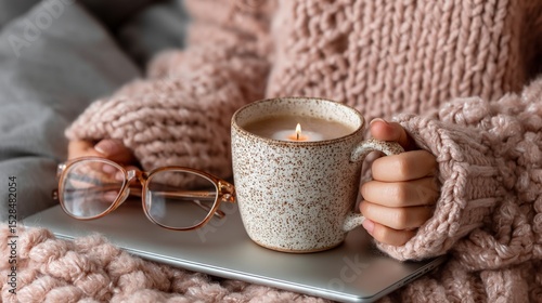 Wallpaper Mural Woman in cozy sweater holding a lit candle with glasses and laptop on a soft blanket Torontodigital.ca