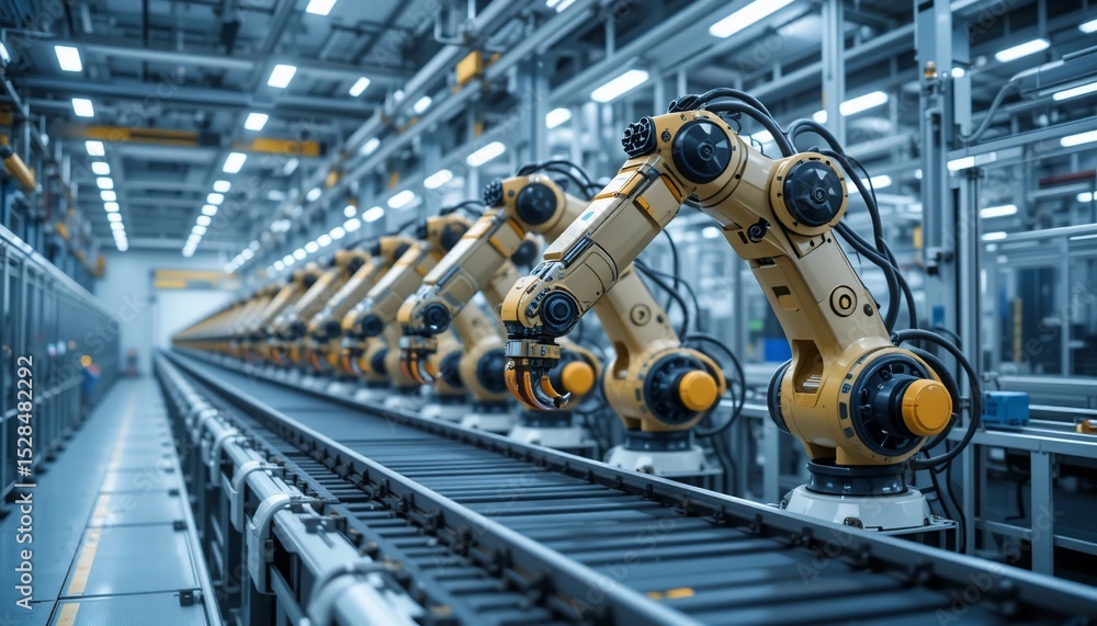 Automated Industrial Robotic Arms on Assembly Line in Modern Factory Automated Industrial Robotic Arms on Assembly Line in Modern Factory
