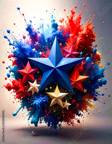 Celebrate America 250: 3D Red and Blue Stars with paint splatter 89