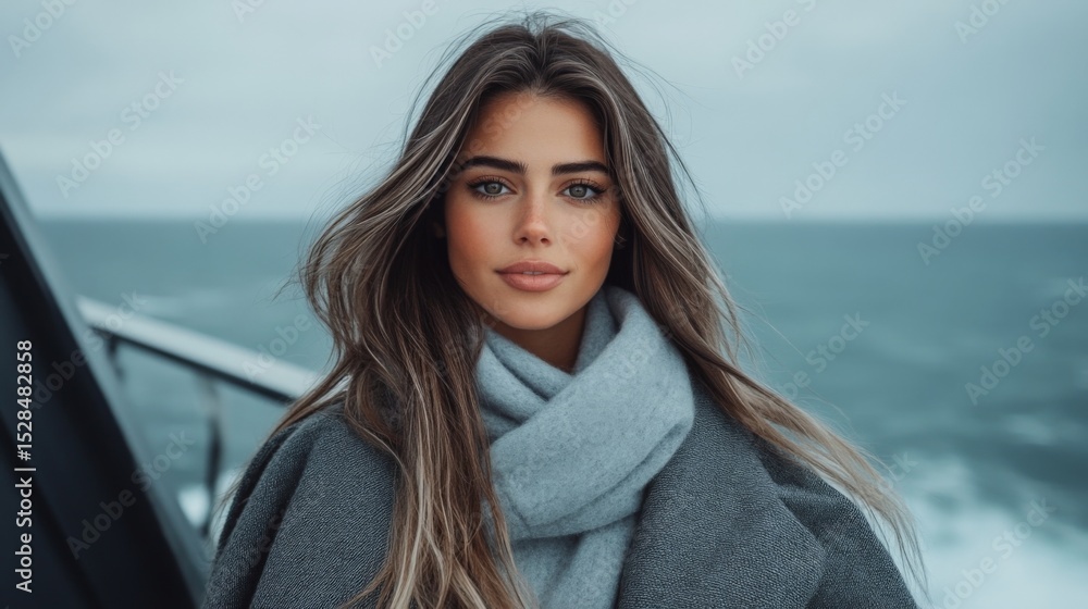 Elegant young woman with wavy hair wearing a gray coat and scarf outdoors by the water Elegant young woman with wavy hair wearing a gray coat and scarf outdoors by the water
