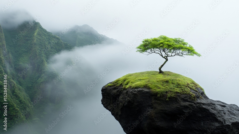 Fototapeta premium A solitary tree grows on a moss-covered rock ledge overlooking misty mountains