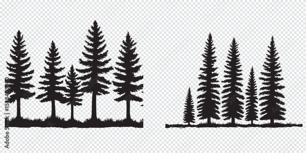 Obraz premium Set Trees. Hand Drawn Vector Illustration – Stylized Pine Tree Silhouettes, Minimalist Forest Design with Conical Shapes, Black on White, Simple Symmetrical Nature Graphic