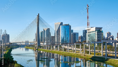 Urban cityscape with a cable-stayed bridge in São Paulo city.