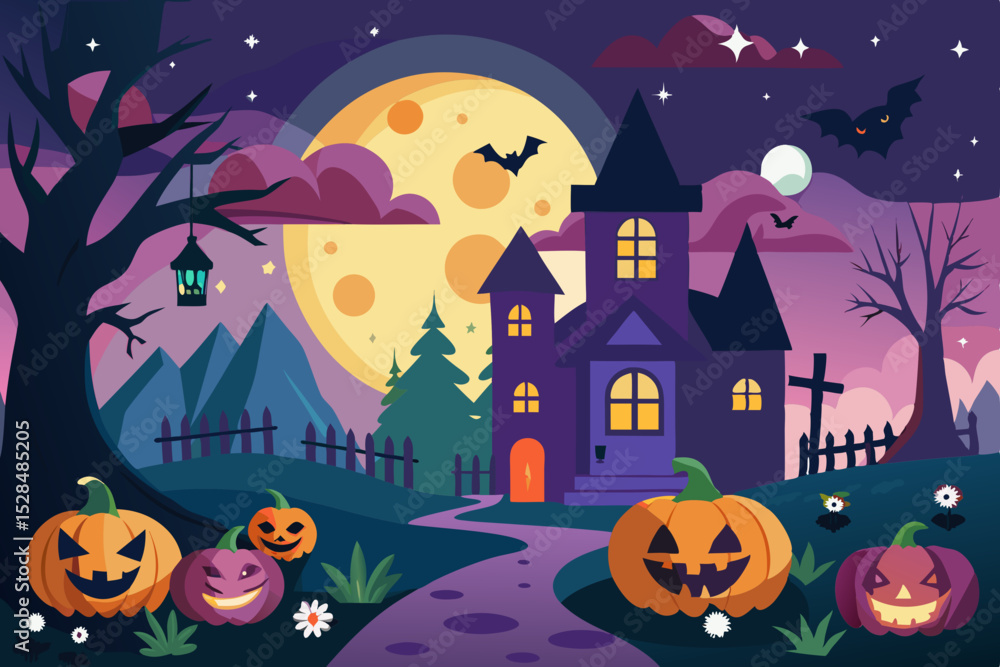 Fototapeta premium Spooky Halloween Night Scene with Haunted Castle