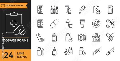 Pharmaceutical dosage forms Outline icon set. Editable stroke. Vector illustration