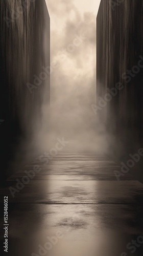 Foggy Corridor with Wooden Floor and Dark Walls