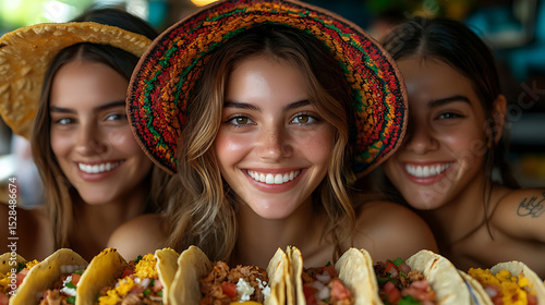 Three Smiling Women Enjoying Delicious Tacos