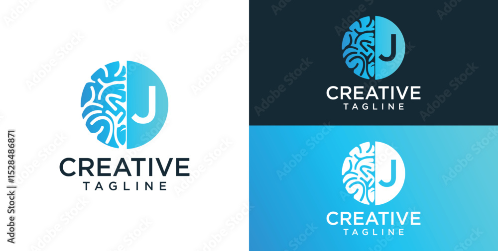 Fototapeta premium Brain Logo, combination of brain and initial letter J, flat design logo template, vector illustration
