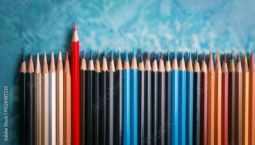 a striking visual of pencils organized by color emphasizing a central red pencil demonstrating distinctiveness and individuality a concept image for creativity leadership and uniqueness