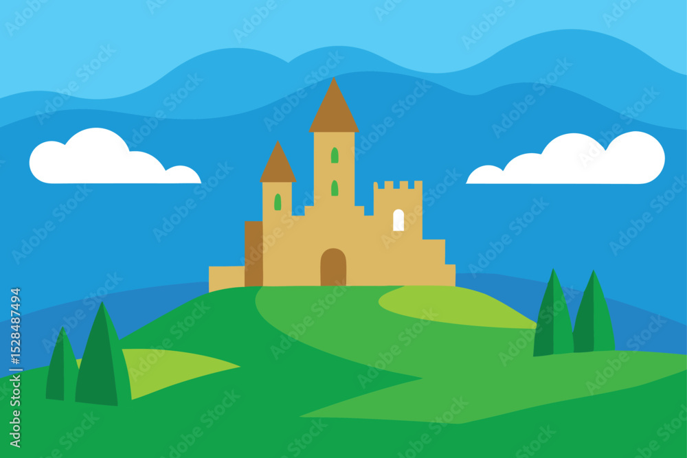 Naklejka premium Cartoon Castle on Green Hill – Flat Design Vector of Fairytale Fortress Landscape Illustration Background.