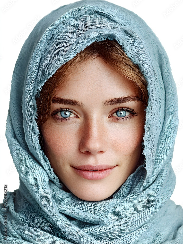 Obraz premium A beautiful woman with striking blue eyes is elegantly draped in a soft, textured blue headscarf portrait.