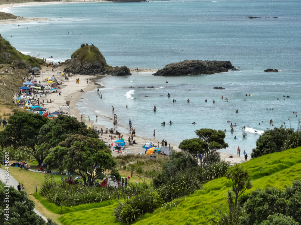 Obraz premium Crowds of people enjoy swimming, surfing, and relaxing on the sand and grass at a popular beach in Tawharanui, Warkworth, Auckland, New Zealand