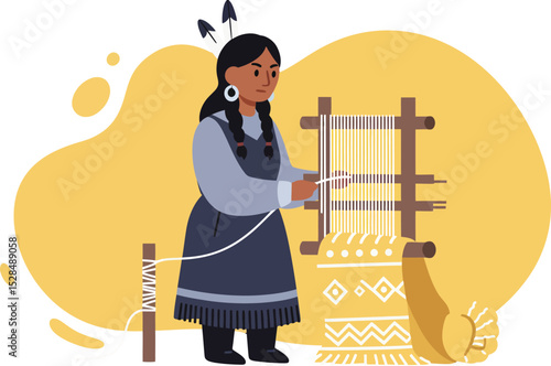 Native American woman weaving traditional textile on loom with yellow background vector illustration 