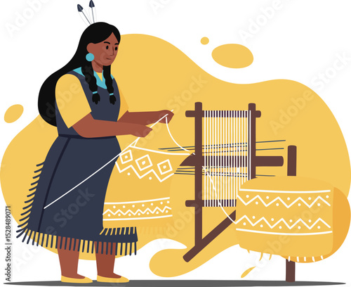 Indigenous woman weaving traditional textile on loom with yellow pattern vector illustration 