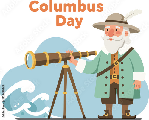 Columbus Day celebration with historical explorer using telescope vector illustration for holiday event design 