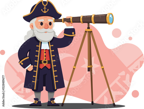 Old sailor man with telescope looking through nautical instrument vector illustration in traditional seafarer costume 