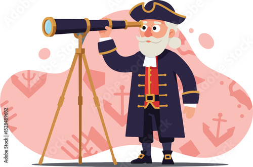 Historical astronomer using telescope for sky observation vector illustration in classic attire 