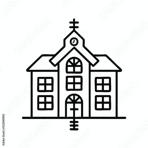 Building with a cross and various windows in a line art style