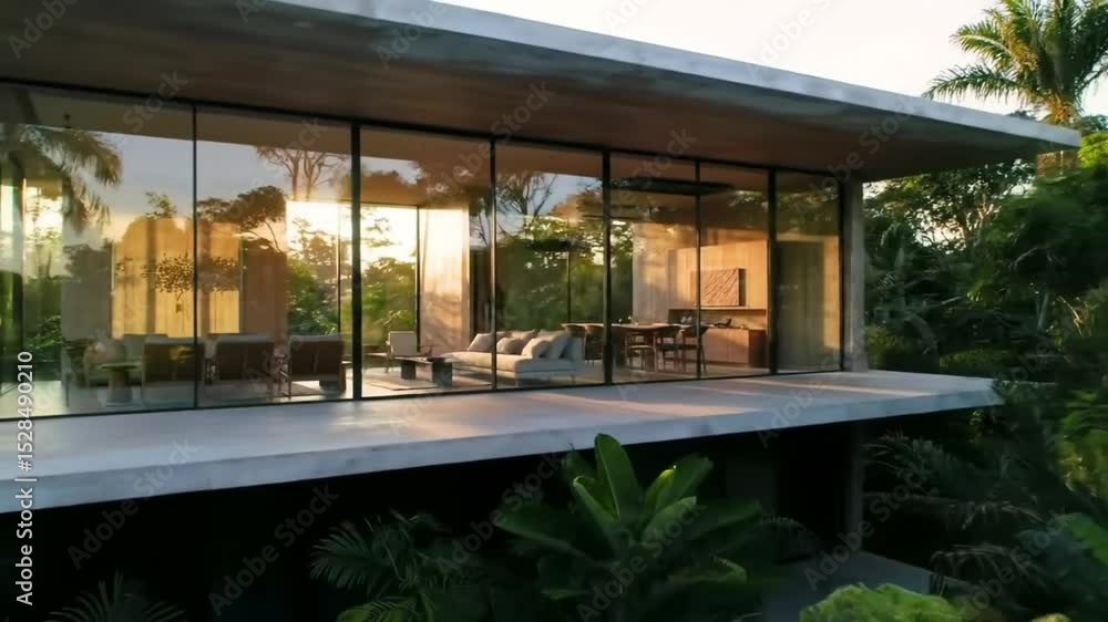 Modern glasswalled house with concrete platform and tropical surroundings Modern glasswalled house with concrete platform and tropical surroundings