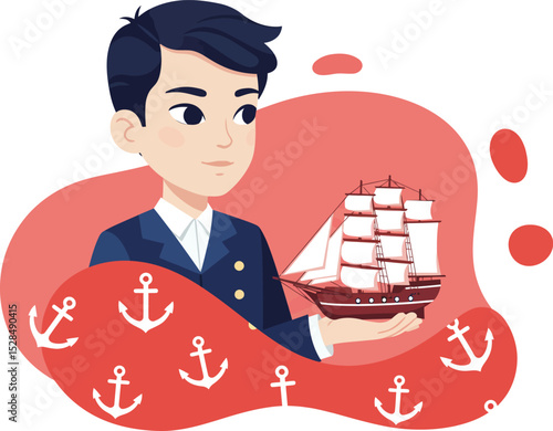 Young male sailor holding model ship with anchor symbols nautical theme vector illustration 