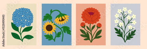 Floral posters with floweaphila in retro folk design for floral botanical posters. Abstract flowers pattern background for wall decor, print, post or greeting card