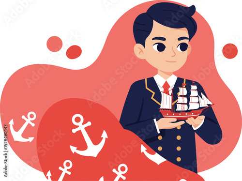 Young male naval officer holding model ship with anchor symbols background vector illustration 