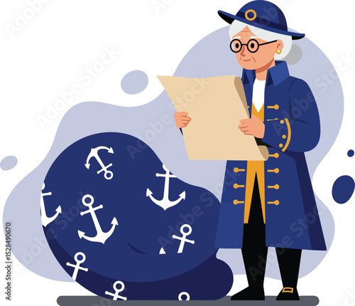 Male Captain Wearing Uniform Reading Nautical Map with Anchors Pattern in Background Vector Illustration 