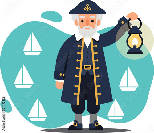 Elderly Sea Captain Holding Lantern with Sailboats in Background Nautical Theme Vector Illustration 