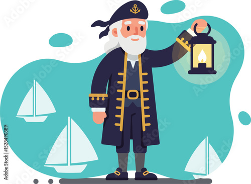 Sea captain holding lantern with sailboats in background nautical maritime vector illustration 