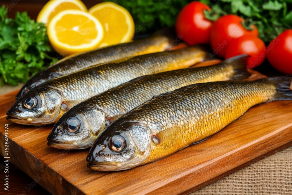 Freshly caught fish with lemon and vegetables on a wooden cutting board for cooking Freshly caught fish with lemon and vegetables on a wooden cutting board for cooking