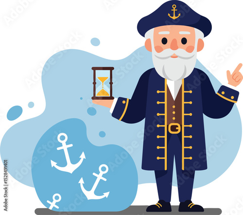 Old sea captain character holding hourglass with navy blue uniform and anchor symbols vector illustration 