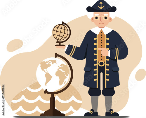 Historical sea captain holding globe near terrestrial globe with ocean waves vector illustration 