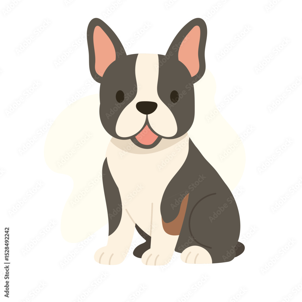 Fototapeta premium A cheerful Boston Terrier is sitting, displaying its distinctive facial markings and joyful demeanor. This playful dog exudes warmth and friendliness.