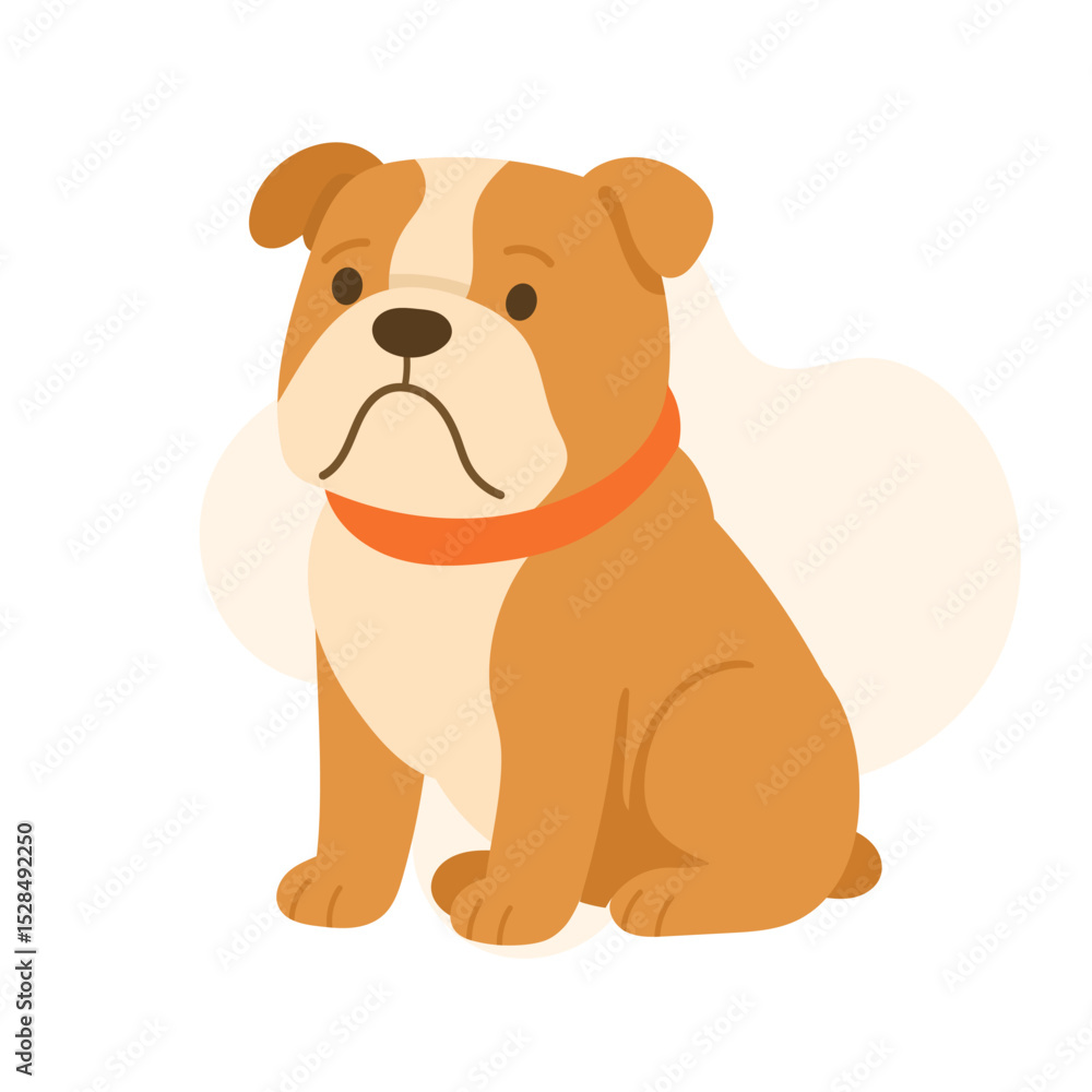 Obraz premium A charming cartoon bulldog sits attentively, displaying a friendly demeanor. The dog’s coat features a warm brown and cream color scheme, enhancing its adorable appearance.