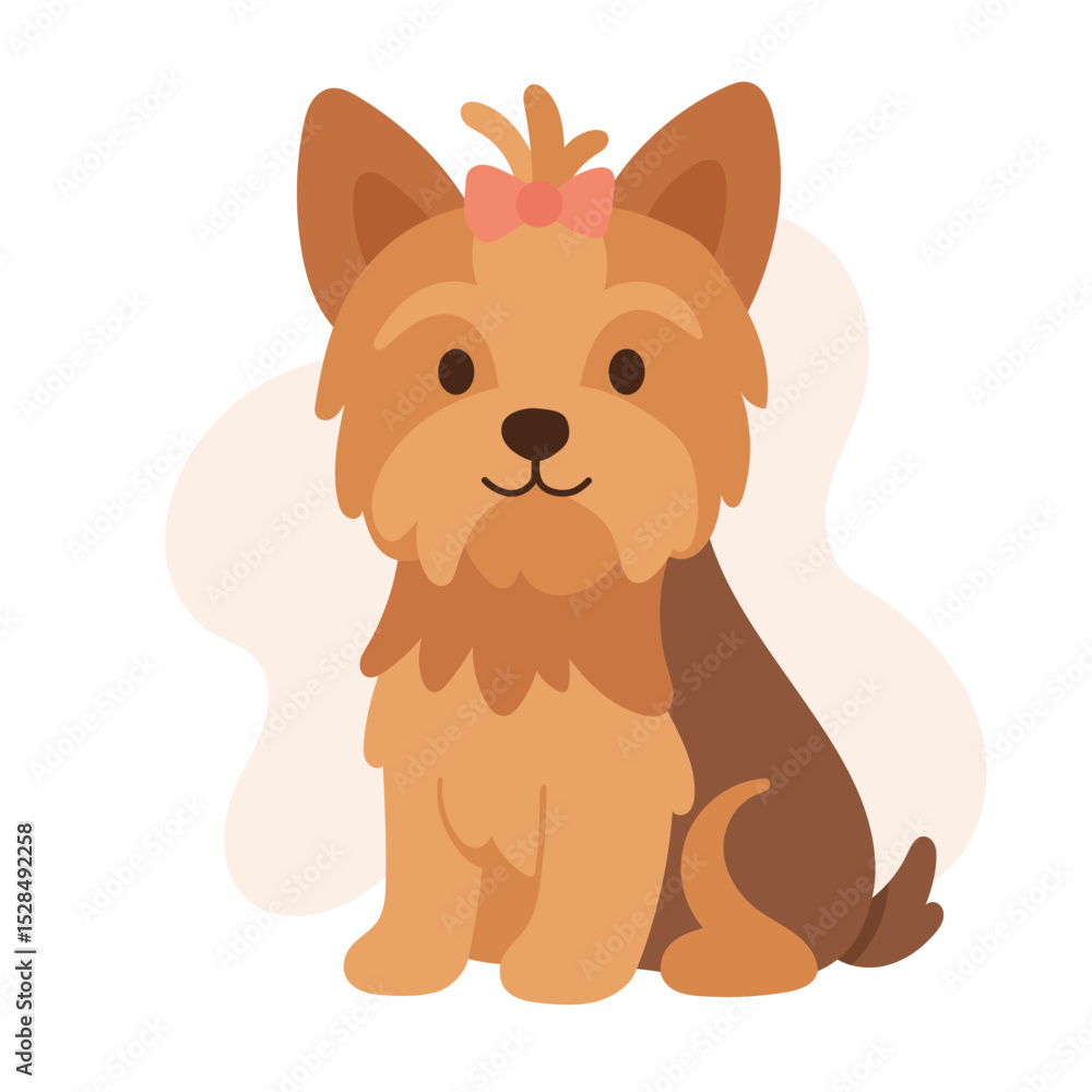 Fototapeta premium This adorable Yorkshire Terrier is illustrated with soft colors, showcasing its characteristic fur and a cute bow. The dog sits comfortably, exuding charm and playfulness.
