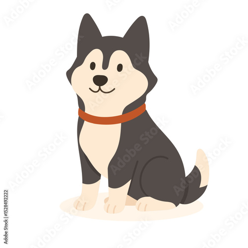 An adorable cartoon dog sits with a cheerful demeanor, featuring a mixed coat color and a bright collar. The character exudes friendliness and charm.
