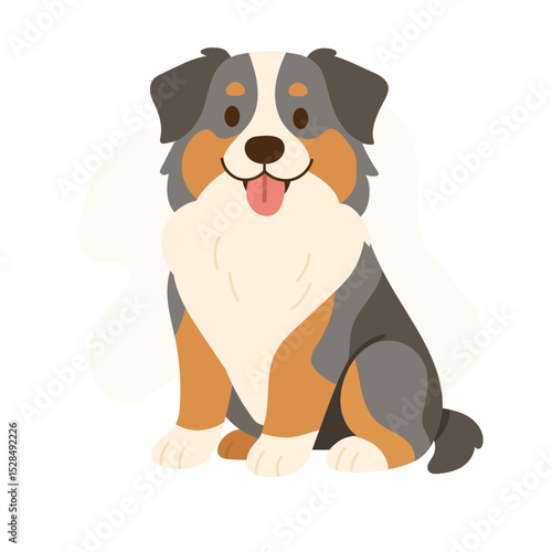 A cheerful Australian Shepherd sits with a bright smile, showcasing its unique coat colors and friendly demeanor in a playful environment.