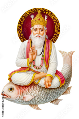 Jhulelal Sai, seated divinely on a sacred fish, radiates blessings in white and pink clothes. Jhulelal Sai brings peace. Jhulelal Sai is Uderolal’s divine form.