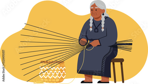 Elderly woman weaving basket using natural materials in traditional craft vector illustration 