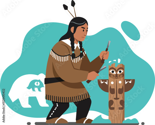 Native American man carving traditional totem pole with bear symbol in cultural heritage vector illustration 