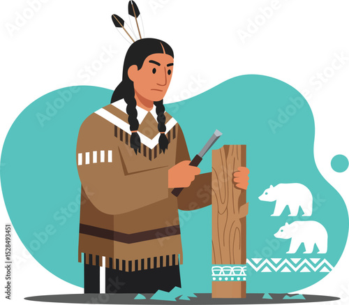 Native American man carving traditional totem pole with animal symbols vector illustration 